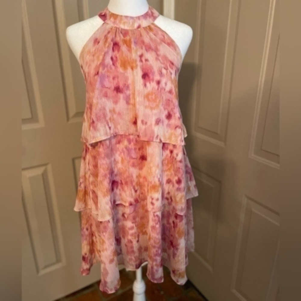Andthewhy pink chiffon halter tiered dress. NWT